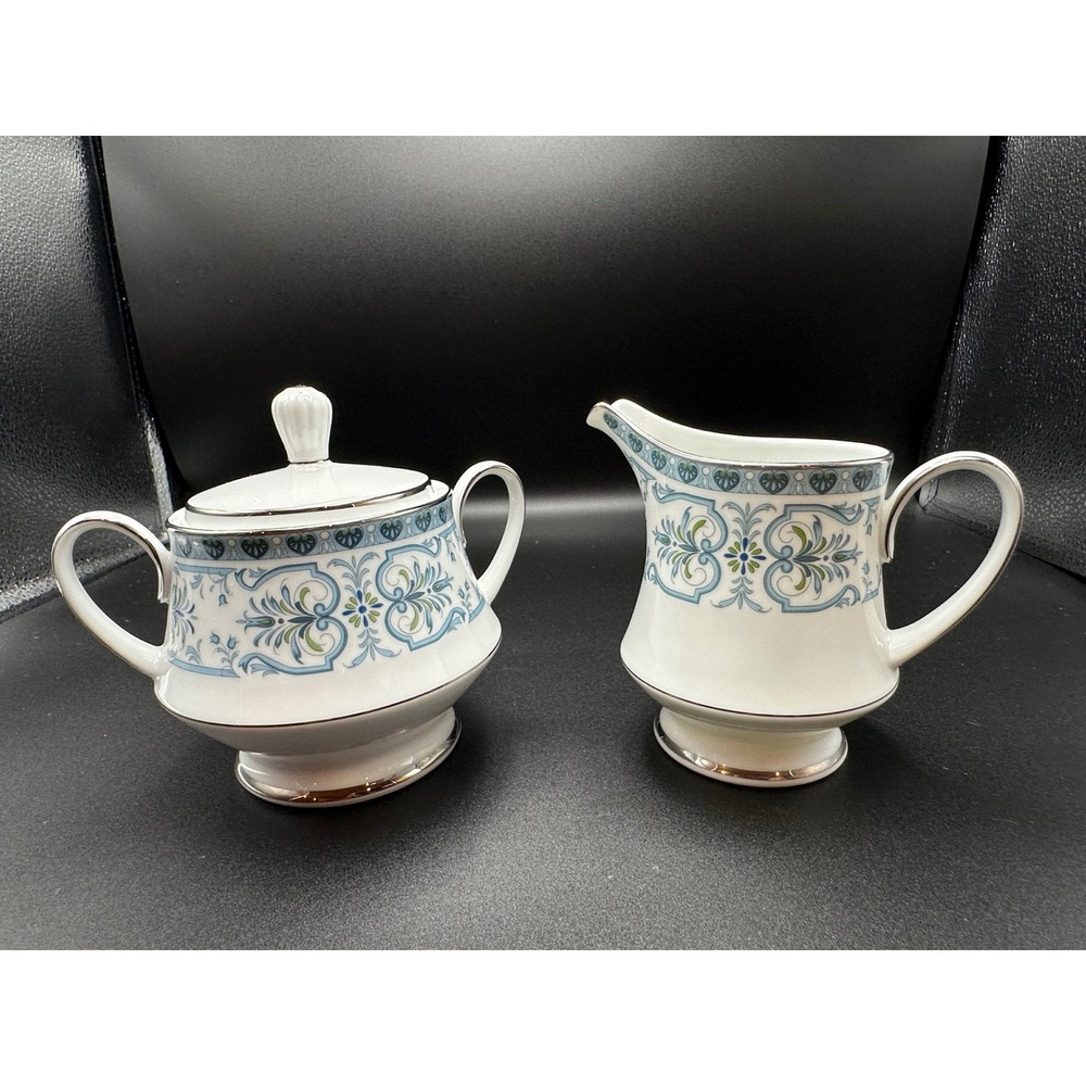 Noritake Burlington Sugar Bowl with Lid and Creamer Set Platinum Trim Japan
